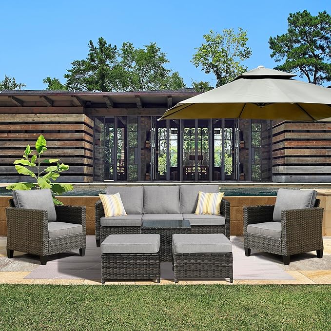 ovios 6 Pieces Patio Furniture Set, Outdoor Wicker Rattan Sofa Couch with Glass Table, Chairs, Comfy Cushions, Conversation Sets for Porch Deck Garden, Dark Grey