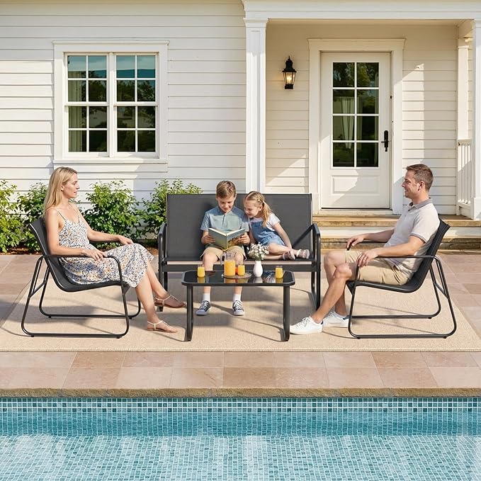 Gizoon 4 Piece Patio Furniture Set, Outdoor Patio Furniture with Loveseat and 2 Single Chairs, Bistro Table and Chairs Set for Backyard, Balcony, Lawn,Black