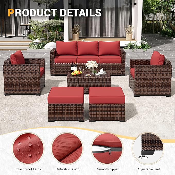 Amopatio Patio Furniture Set, Outdoor Furniture Wicker Rattan Sofa, Outdoor Sectional with Ottomans, Patio Set for Backyard Porch Balcony (Burgundy)