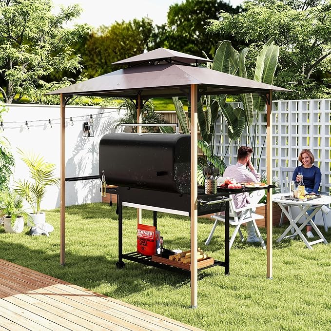 Outsunny 8' x 5' Grill Gazebo, Double Tier Outdoor BBQ Gazebo Shelter with 2 Side Shelves & 10 Hooks, UV and Water Resistant, Barbecue Grill Gazebo for Patio, Garden, Backyard, Beach