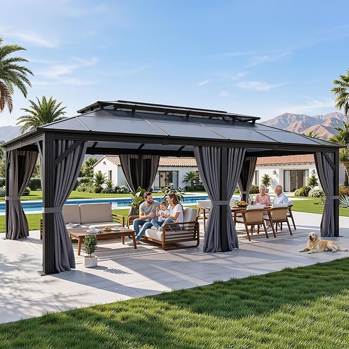 YITAHOME 12x20FT Gazebo Polycarbonate Hardtop Double Roof Canopy Outdoor with Netting and Shaded Curtains, Metal Frame Garden Tent for Patio, Backyard, Deck and Lawns, Grey