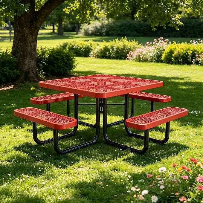 KEIKI 76.6" Heavy-Duty Steel Outdoor Picnic Table w/1.9" Umbrella Hole, Square Patio Dining Table for 4–8 People, Weather-Resistant Coated Metal Frame, Sturdy Thick Legs for Backyard, Park, Red
