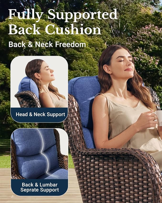 HILLGA Luxury 5PCS Outdoor Swivel Rocker Patio Chairs of 2 with 6 Inch Thick Cushions and Side Table, All Weather Outdoor Chairs High Back Wicker Patio Furniture Set for Porch and Deck, Blue