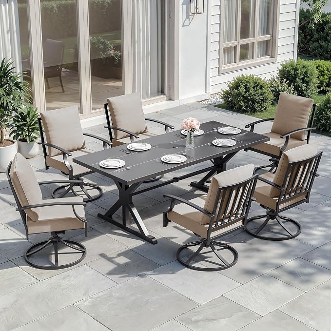 ALAULM 7-Piece Patio Dining Set,Outdoor Metal Dining Set with 6 Swivel Chairs & Rectangle Table with 1.5 Umbrella Hole, Patio Dining Table and Chairs for Backyard, Sand