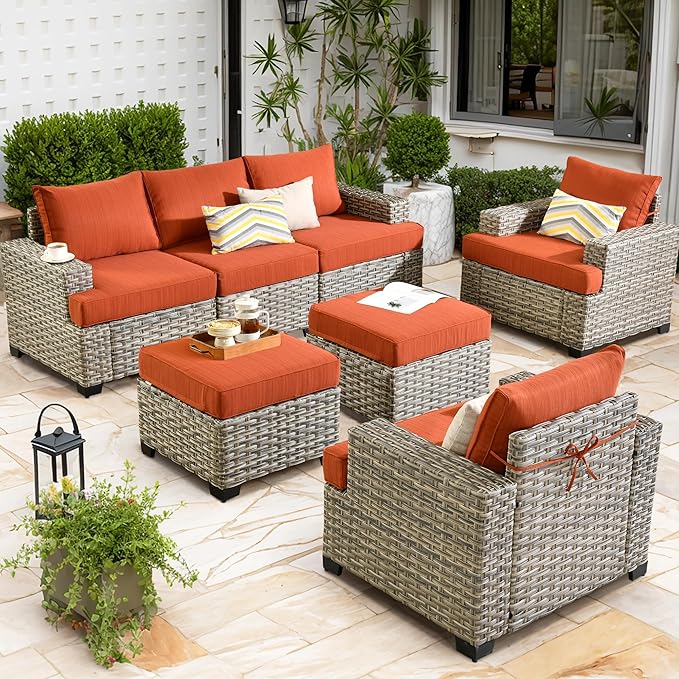 Patio Furniture Sets 7 Pieces Outdoor Sectional Rattan Sofa Manual Weaving Wicker Patio Conversation Set with Ottomans and T Cushion(Red)