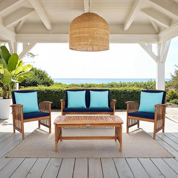 SAFAVIEH Outdoor Collection Rocklin Natural/ Navy Cushions/ Light Blue Pillows 4-Piece Conversation Patio Set