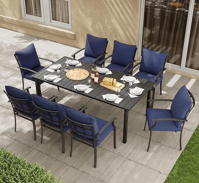HAPPATIO Outdoor Dining Table for 8, Large Rectangular Aluminum Patio Table with 1.9" Umbrella Hole, Black, Modern Style