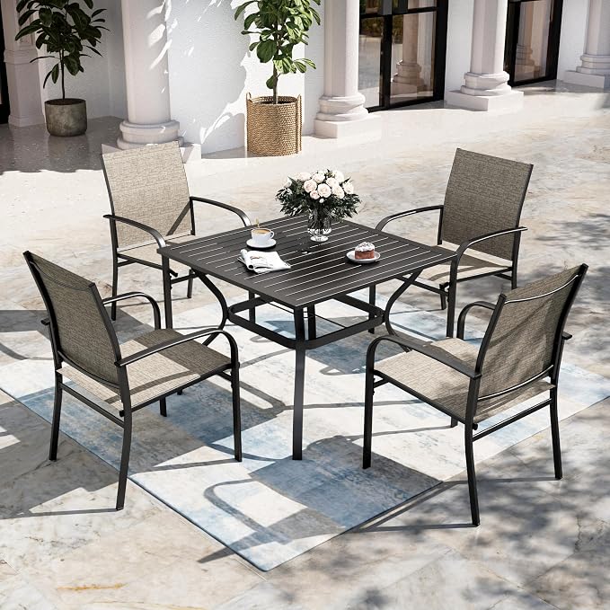 SUNSHINE VALLEY Patio Dining Set of 4, 37”Square Table with Umbrella Hole, Brown Metal Chairs x 4, Outdoor Table and Chairs for Lawn and Deck