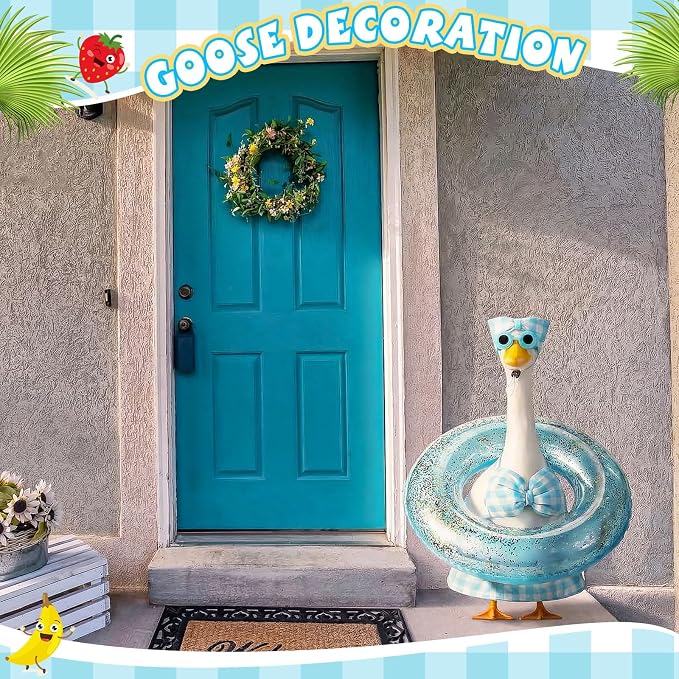 Bikini Porch Goose Outfits with Sunglasses and Swimming Tube for 23" Summer Goose Costume Garden Patio Statue Decor(Blue Plaid)