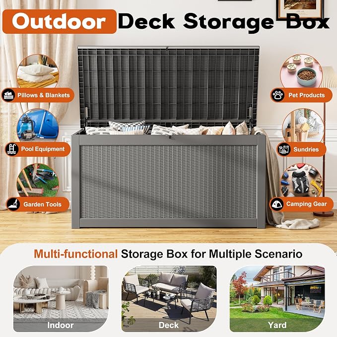 Outdoor Storage Box, Resin Deck Boxes Indoor and outdoor, Waterproof Storage Box Lockable Lid Grey,280 Gallon