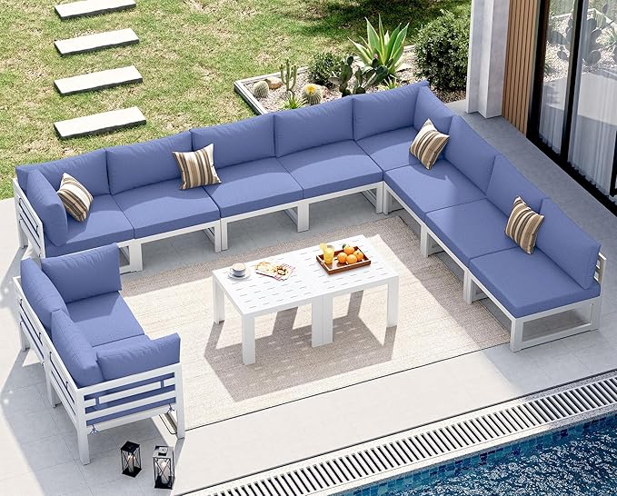 NICESOUL 12 Piece Oversized Modern Aluminum Outdoor Patio Furniture Set with Coffee Table, 29" Wide Deep L-Shaped Sectional Sofa, 500lbs Heavy Duty Comfortable Poolside Conversation Set, Denim Blue