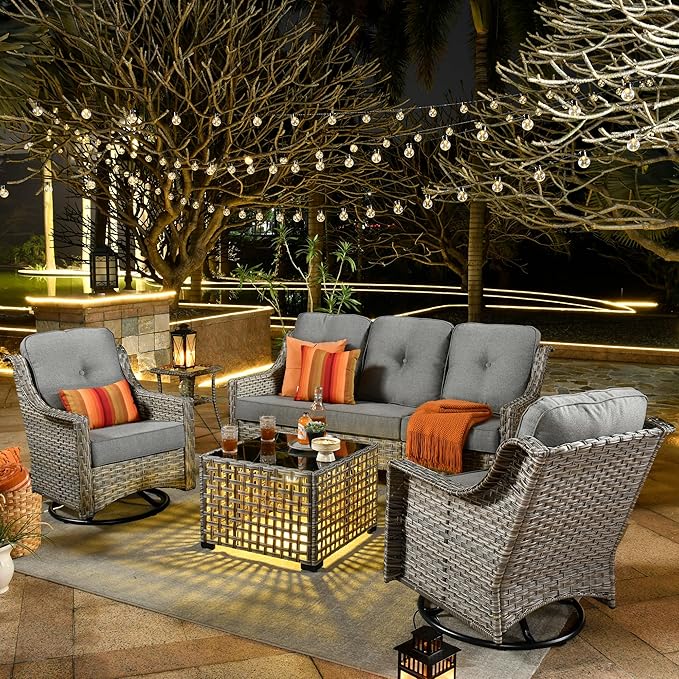 ovios 5 Piece Outdoor Patio Furniture with 3 Seat Sofa,Rattan Wicker Coversation Set with Swivel Rocking Chair,Balcony Sofa Set with Shiny Table for Outside Porch Backyard Pool, Dark Grey