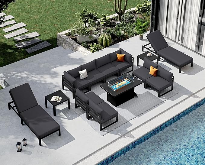 NICESOUL 13 Pcs Large Contemporary Aluminum Outdoor Furniture Set with Chaise Lounge & Fire Pit Table, 29" Deep Wide Couch Set, 500 lbs Heavy Duty Comfy Patio Sectional Sofa for Poolside, Dark Gray