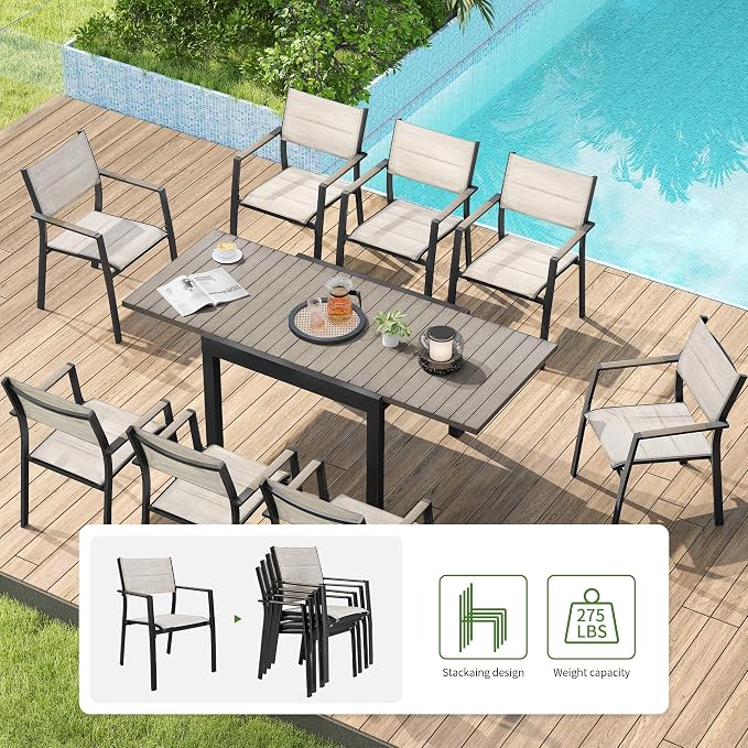 9 Piece Outdoor Dining Set, Expandable Outdoor Patio Dining Table Set for 6-8 Person, Aluminum Outdoor Table and 8 Chairs with Textilene Fabric & Armrest for Patio, Garden, Lawn, Deck(Grey)