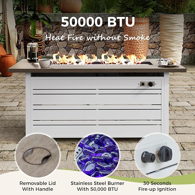 Patio Furniture Set with Fire Pit Table, Metal Outdoor Conversation Set with 5.75'' Extra Thick Cushion, 4 Leg Chairs, 3-Seat Sofa and Gas Fire Pit Table, Beige