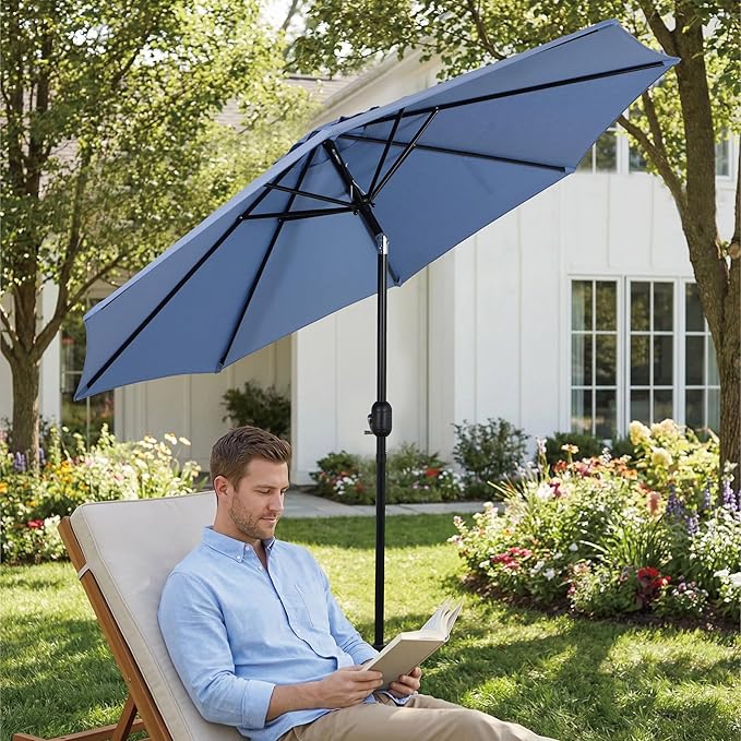 9FT Outdoor Patio Umbrella with Push Button Tilt and Crank, Market Umbrella, 8 Heavy-Duty Ribs, Outdoor Table Umbrella for Garden, Deck, Poolside & Backyard