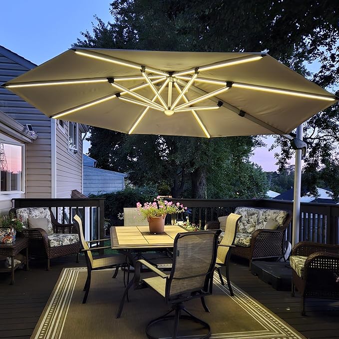 PURPLE LEAF 13ft Patio Umbrella with Lights Outdoor Round Large Cantilever Umbrella Solar Powered LED Windproof Offset Umbrella Heavy Duty for Garden Deck Pool Patio, Beige