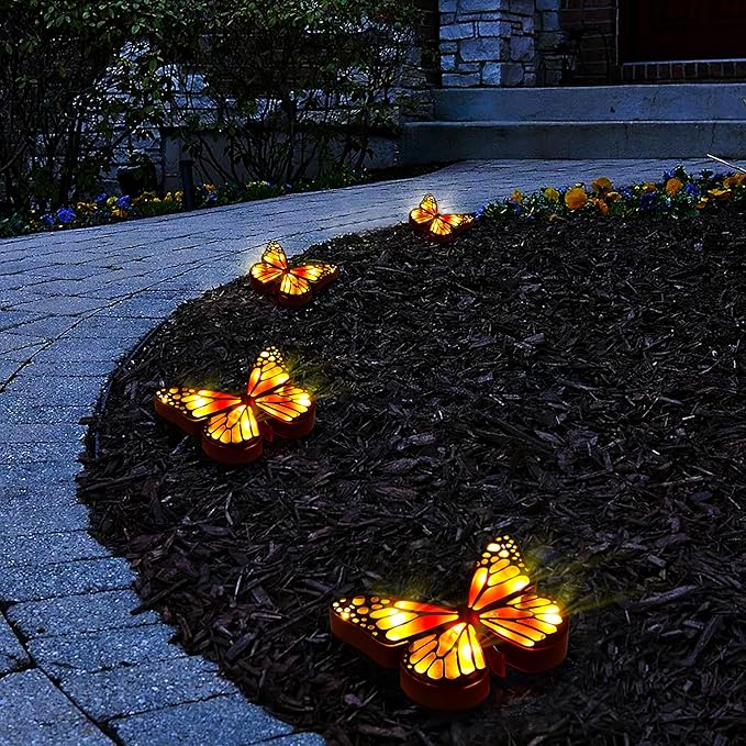 ground lights, equipped with 4 solar butterfly lights for outdoor waterproofing, 14 LED solar landscape lighting, suitable for gardens, courtyards, terraces, corridors, lanes, and walkways (yellow)