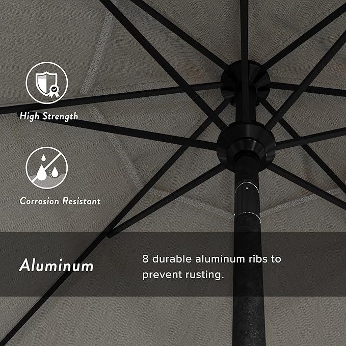 California Umbrella 9' Round Aluminum Market Umbrella, Crank Lift, Push Button Tilt, Black Pole, Woven Granite Olefin