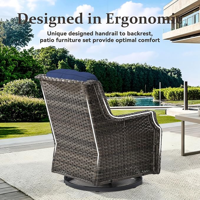 4 Pieces Patio Furniture Set, Outdoor Furniture Set with 2 Patio Swivel Rocking Chairs, 2 PE Rattan Ottoman, Thick Cushions, Ideal for Backyard, Garden, Poolside, Blue