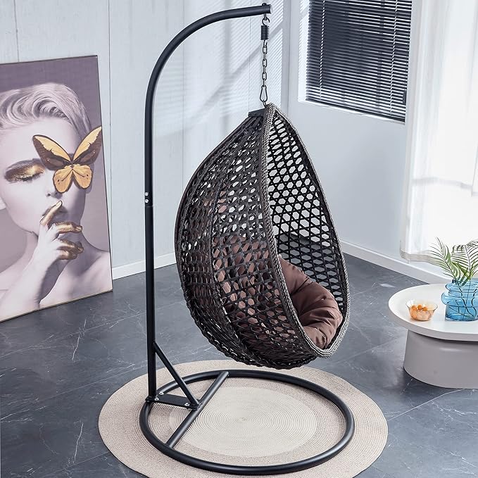 Hanging Egg Swing Chair with Stand, Rattan Wicker Hanging Egg Chair Hammock Indoor with Cushions, Swinging Chair for Bedroom Outdoor Patio Balcony Backyard Sunroom Heavy Duty 350LBS (Black)