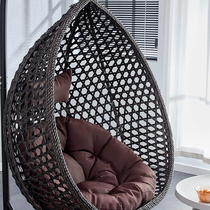 Hanging Egg Swing Chair with Stand, Rattan Wicker Hanging Egg Chair Hammock Indoor with Cushions, Swinging Chair for Bedroom Outdoor Patio Balcony Backyard Sunroom Heavy Duty 350LBS (Black)