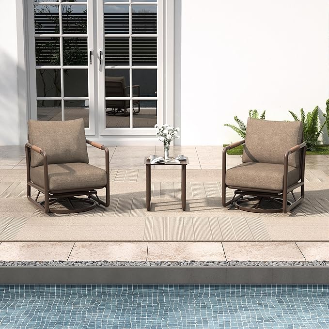 3-Piece Aluminum Outdoor Swivel Rocker Chair Set, 360° Swivel and Rocking Patio Chairs with 6.5-Inch Thick Cushions and Side Table, All-Weather Conversation Sofa for Backyard, Deck, Porch, Balcony