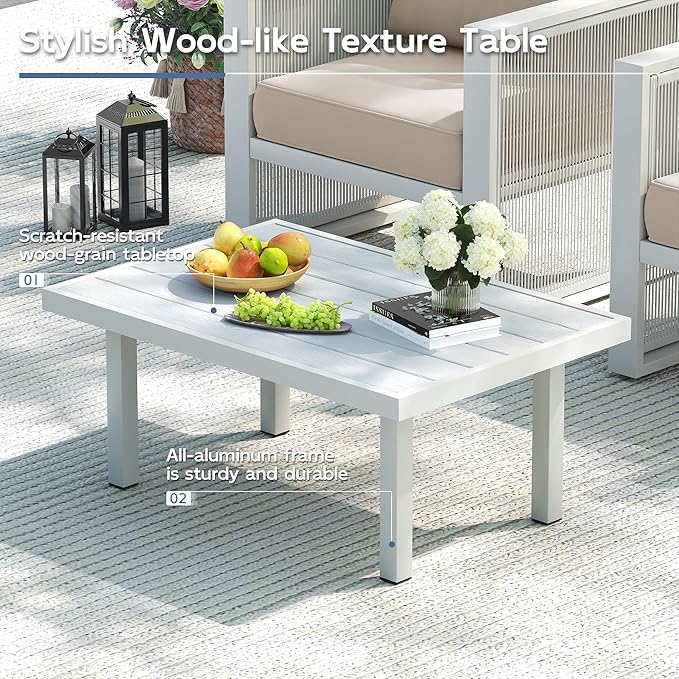 UDPATIO Aluminum Patio Furniture Set with Coffee Table, 4 Piece Aluminum Outdoor Furniture Set, Modern Patio Conversation Sets with Thickend Cushions and PE Rope, for Garden, Porch, Balcony, Beige