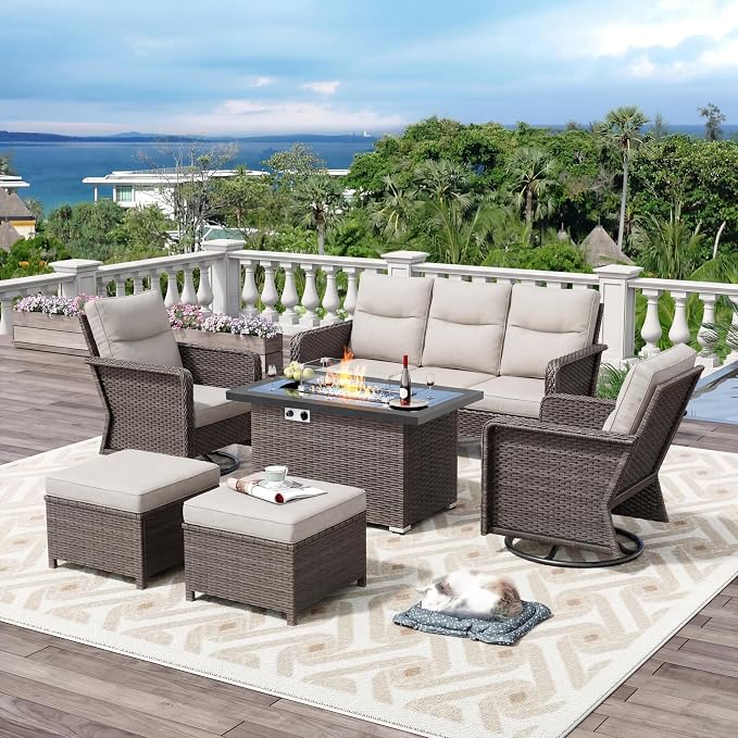 7 Seats Outdoor Patio Furniture Set with 44" Gas Fire Pit Table, Wicker Swivel Rocking Chairs Conversation Sets with Cushion, High Back Sectional Sofa with Gilder Chair for Yard Garden Porch, Beige