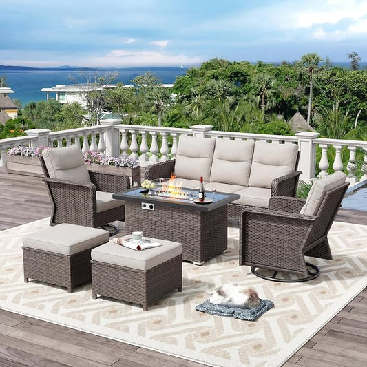 7 Seats Outdoor Patio Furniture Set with 44" Gas Fire Pit Table, Wicker Swivel Rocking Chairs Conversation Sets with Cushion, High Back Sectional Sofa with Gilder Chair for Yard Garden Porch, Beige