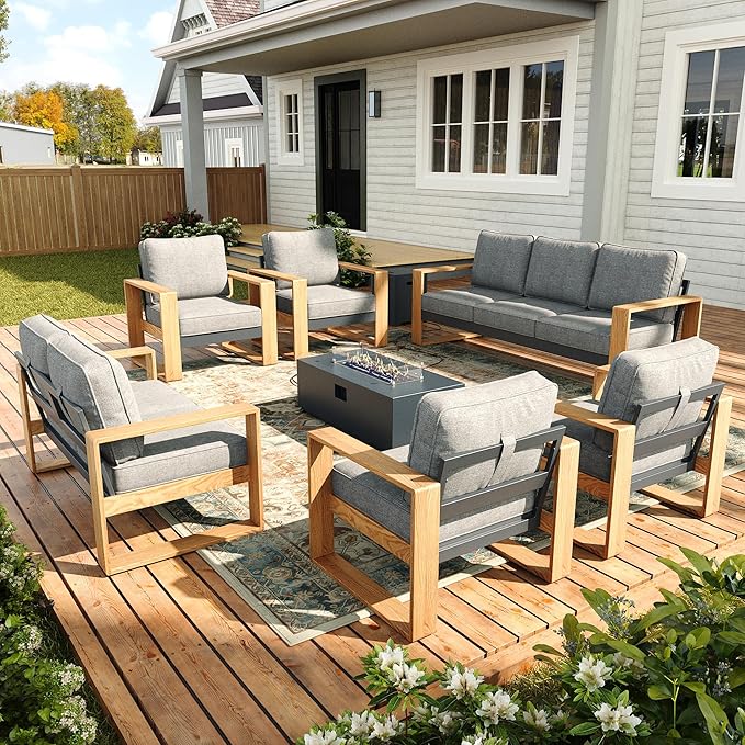 Oversized Aluminum Outdoor Patio Furniture Set, 7-Piece Modern Sectional Conversation Sets with Fire Pit Table, Wide Seat and Thick Cushions