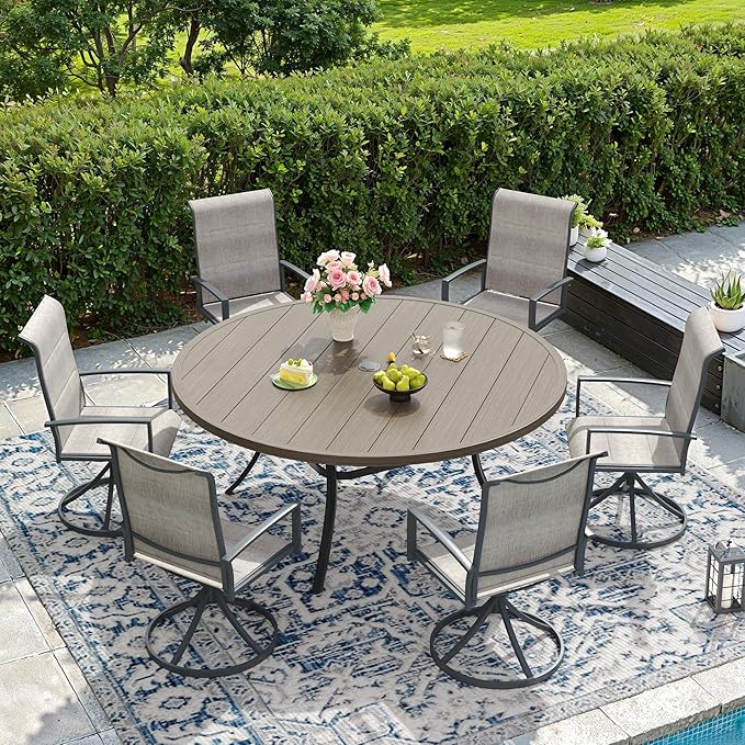 DIFY 7 Piece Outdoor Patio Dining Set for 6, 53" Grey Wood-Like Round Metal Dining Table and Swivel Patio Chairs with Grey Padded Textilene, All-Weather Outdoor Furniture Set for Garden Backyard