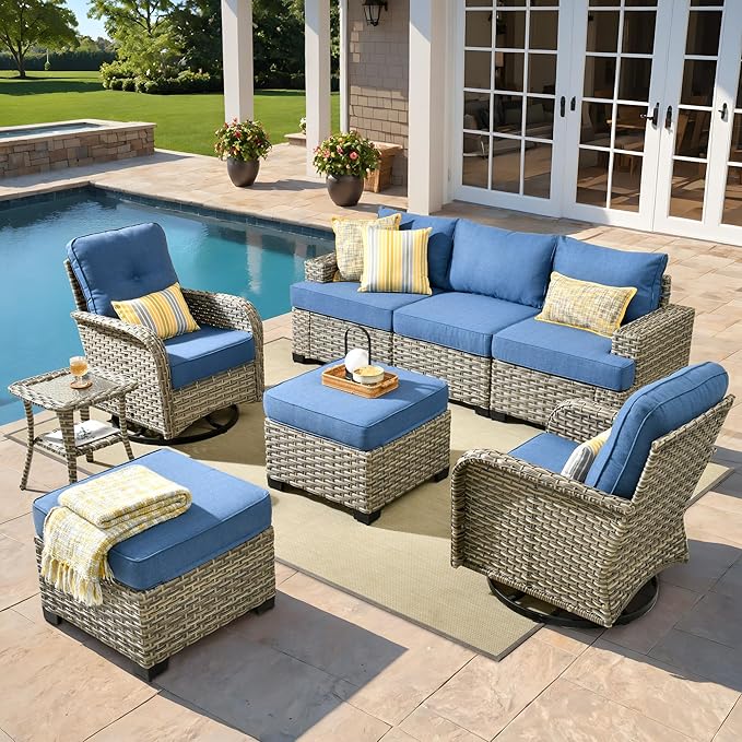 8 Pcs Outdoor Sectional Patio Furniture Set with Swivel Rocking Chair and Ottomans - All Weather Wicker Outside Sectional Couch,Patio Seating Outdoor Conversation Sets for Deck Yard Garden,Blue