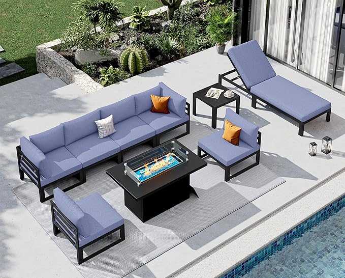 NICESOUL 9 Pcs Large Contemporary Aluminum Outdoor Furniture Set with Chaise Lounge & Fire Pit Table, 29" Deep Wide Couch Set, 500 lbs Heavy Duty Comfy Patio Sectional Sofa for Poolside, Denim Blue