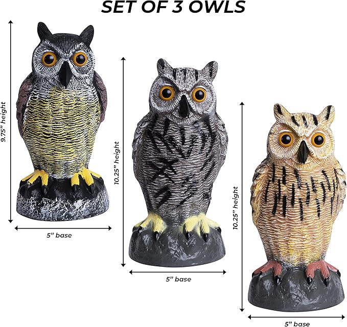 Plastic Owl Decoys [Set of 3] - Multicolor Owl Statues for Garden & Outdoors, Scare Birds Away, Realistic Design with Reflective Eyes, Weather Resistant