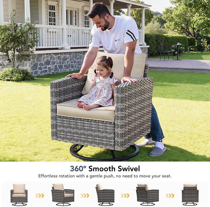 Patio Furniture Sets, 6 Pcs Patio Outdoor Sectional Furniture, Wicker Rattan Conversation Sofa with Swivel Chair, Ottomans, Side Table, 4" Thick Cushion, for Garden Backyard Deck, Khaki