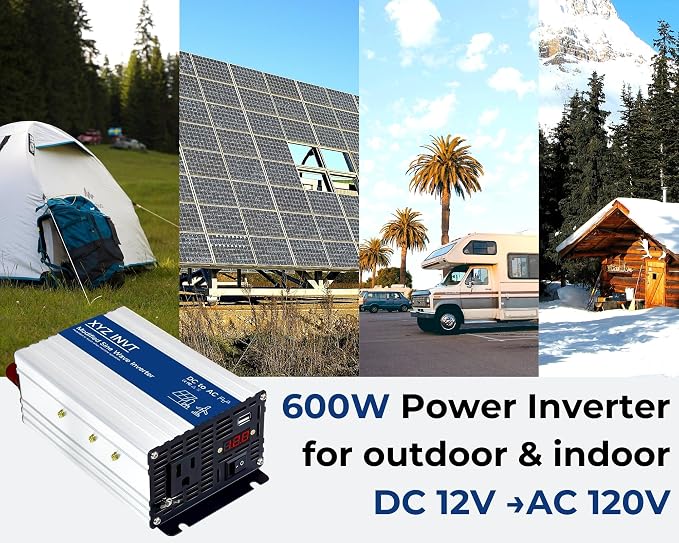 600W Power Inverter 12V DC to 110V 120V AC, Peak Power 1200W with 1 AC Outlet & 1 USB Port & LED Display for Car RV Emergency Backup Power Off-Grid Over 90% Efficiency