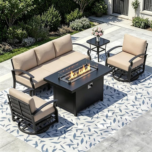 Aluminum Outdoor Patio Furniture Set,5 Pieces 5 Seats Metal Patio Sectional Furniture Set,Patio Conversation Sets with 45" Propane Fire Pit Table,Swivel Rocking Chairs Set,Sand
