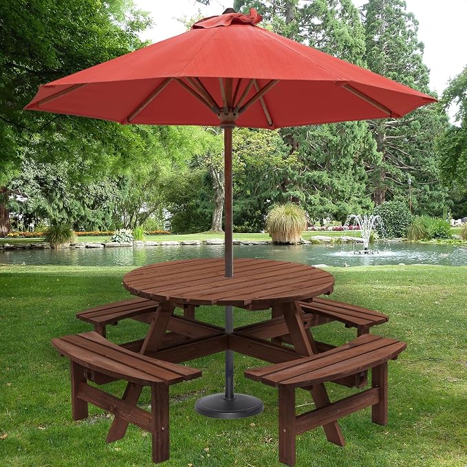 8 Person Wood Picnic Tables for Outdoors, Round Picnic Table with Umbrella Hole,4 Built-in Benches, Wooden Patio Table and Bench Set for Garden,Patio, Backyard,2220LBS Total Capacity,Walnut Brown