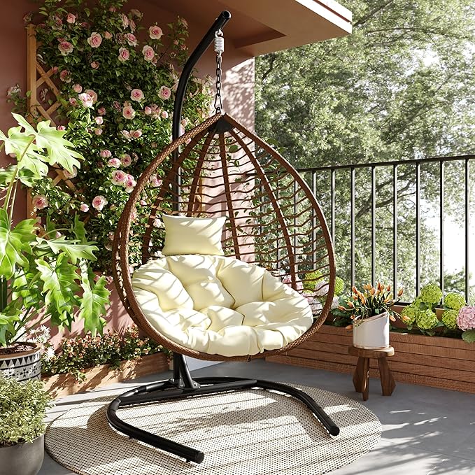 Folding Egg Chair, Outdoor Hanging Hammock Chair with Stand, Patio Wicker Hanging Chair with Iron Frame and Plush Cushion & Removable Headrest for Bedroom, Balcony, Garden (BrownBeige-A)