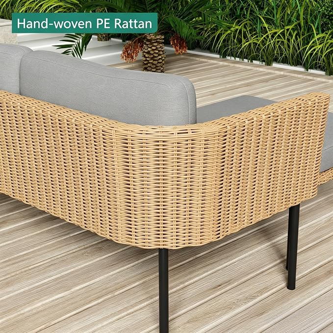 DECMICO 3-Piece Patio Furniture Set, L-Shaped Outdoor Sectional Sofa with Thick Cushions, All-Weather Rattan Conversation Set, Boho Style Detachable 3-Seater Lounger (Charcoal Grey)