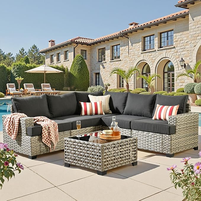 Outdoor Sectional Patio Furniture Set,6 Pieces Wicker Conversation Sets L Shaped Couch,Outdoor Sofa Outside Furniture with Solar-Powered Coffee Table(Black)