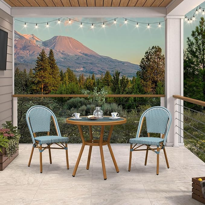 PURPLE LEAF 3-Piece French Bistro Dining Set Round Outdoor Patio Table and 2 Armless Chairs Tempered Glass Top PE Rattan Bamboo Print Finish Aluminum Frame Light Blue