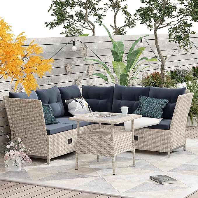 LUMISOL Outdoor Patio Furniture Set, 4 Piece Wicker Sectional Sofa Set, All Weather Patio Conversation Set with Tempered Glass Table for Backyard, Poolside, Gray