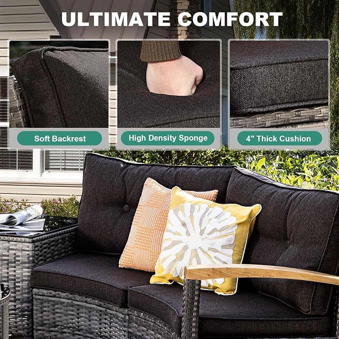 MEISSALIVVE 11-Piece Half-Moon Curved Outdoor Patio Furniture Set, Sectional Conversation Sofa with Wood Armrests, Coffee & Side Tables for Backyard Deck Garden, Black