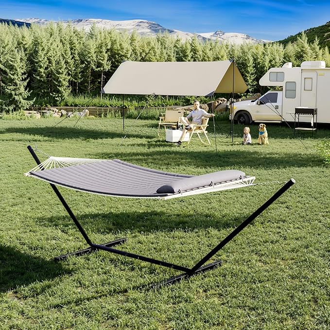 Hammock with Stand, 2 Person Quilted Hammock with Reversible Quilted Pad & Hardwood Spreader Bars, Portable Hammock for Outside, Camping, Patio, Beach