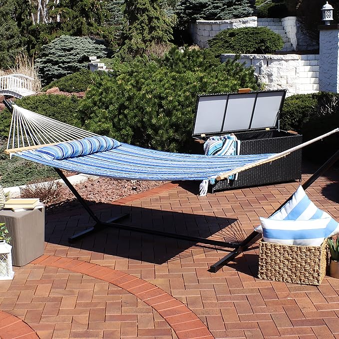 Sunnydaze Set of 2 Outdoor Quilted Fabric Hammocks - 2-Person Hammock with Spreader Bars - Catalina Beach and Blue/Green