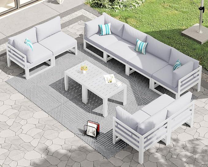 RADIATA 8 Seat Oversized Modern Aluminum Patio Furniture Set, Weather Resistant Modular Sectional Sofa with Coffee Table, 500 lbs Heavy Duty Comfortable Outdoor Couch for Exterior Backyard Deck, White