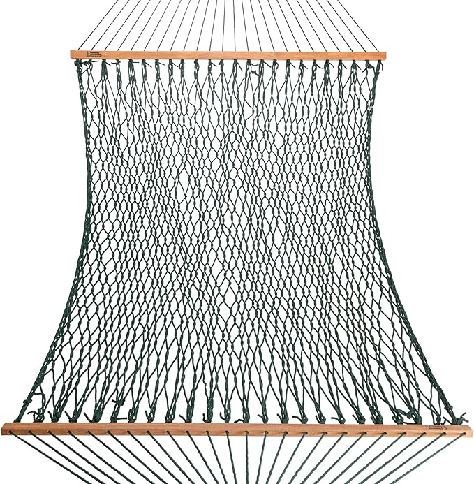 Hatteras Hammocks Executive Green DuraCord Rope Hammock – 13 ft. x 65 in., 2-Person, 450 lb Capacity, Cumaru Spreader Bar, Zinc-Plated Hardware – Handcrafted in The USA