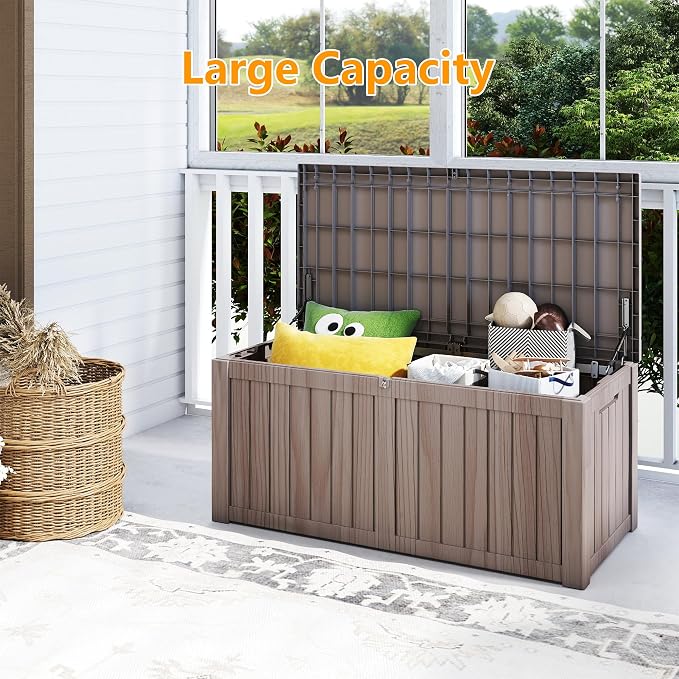 150 Gallon Deck Boxes Outdoor Waterproof, Outdoor Storage Box with Lockable Lid & UV-Resistant for Patio Furniture, Outdoor Cushions, Garden Tools and Pool Supplies, Light Brown